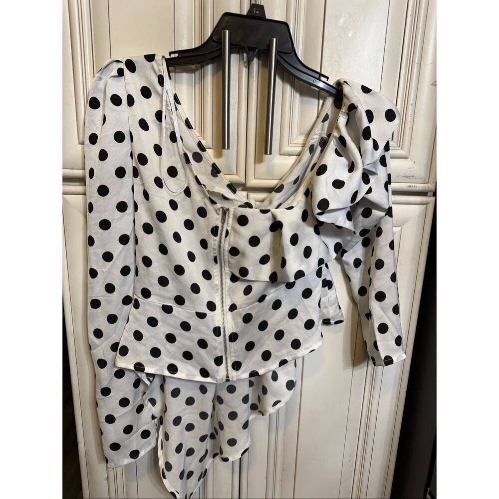 Franco Women's Polka Dot Frill Asymmetric One Shoulder Blouse Black White Small